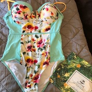 Mint blue floral one-piece swimsuit